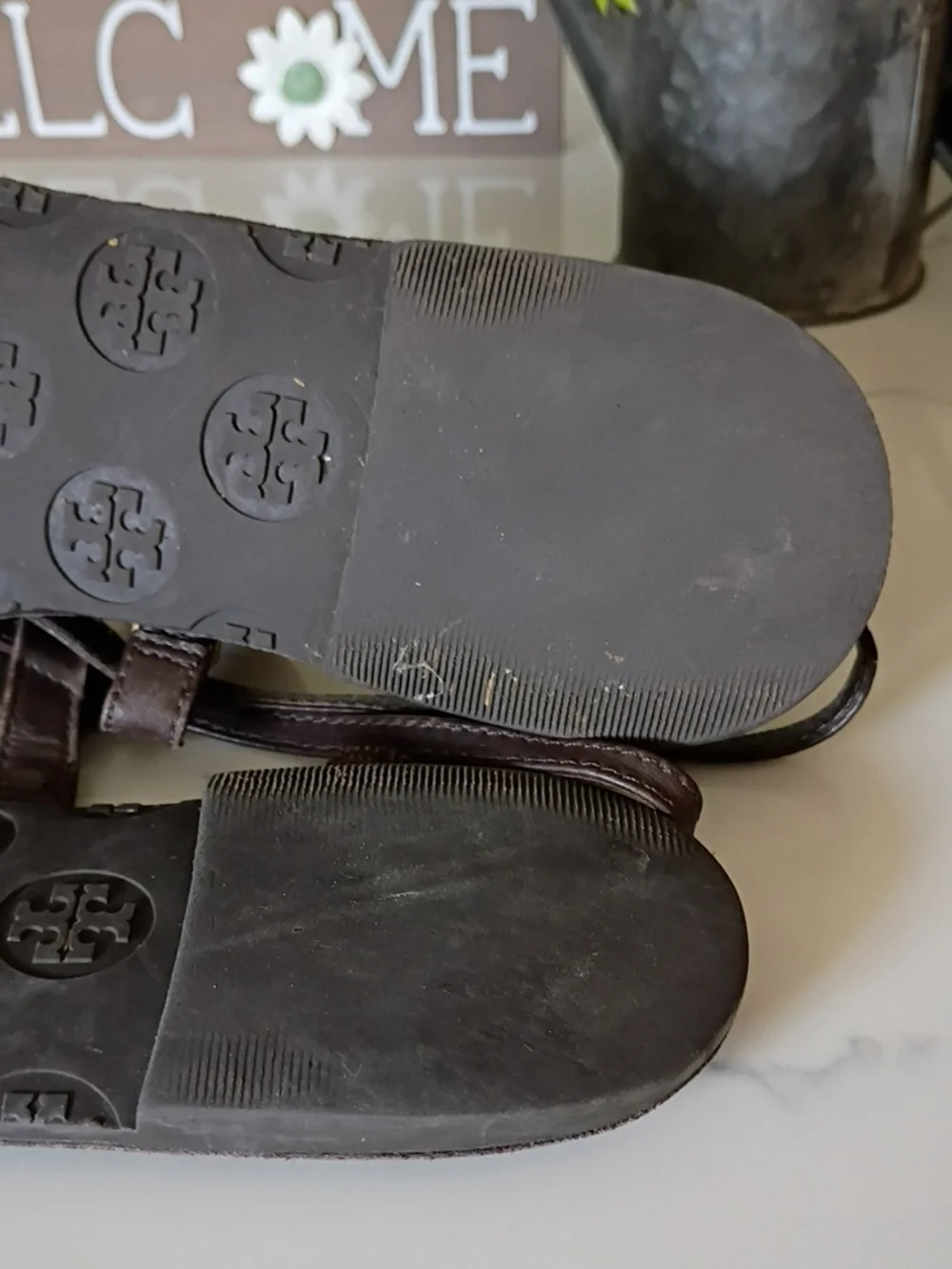 Tory Burch Brown Leather Sandals with Gold Logo Medallions